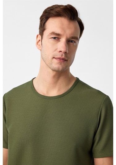 Haki Slim Fit Armürlü Bisiklet Yaka Tişört-37263 Haki