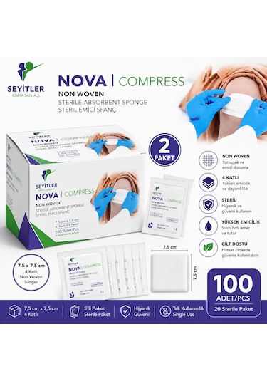 Nova Steril Kompres 7,5cm 7,5cm 4 Katlı 5'li 200'lü 2 Paket