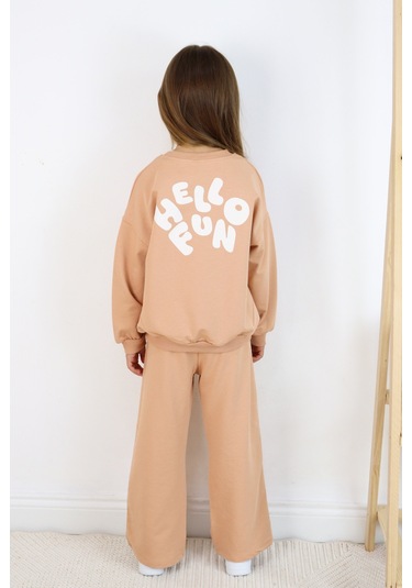Kız Çocuk Hello Fun Baskılı İspanyol Paça İki İplik Eşofman Takımı Açık Kahverengi