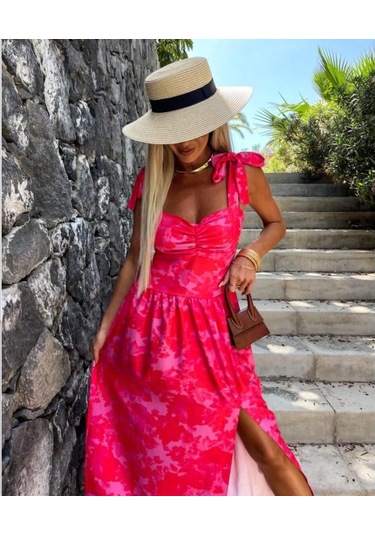 Kadın Yaz Baskılı Seksi Boyundan Bağlamalı Günlük Bölünmüş Elbiseler Kırmızı