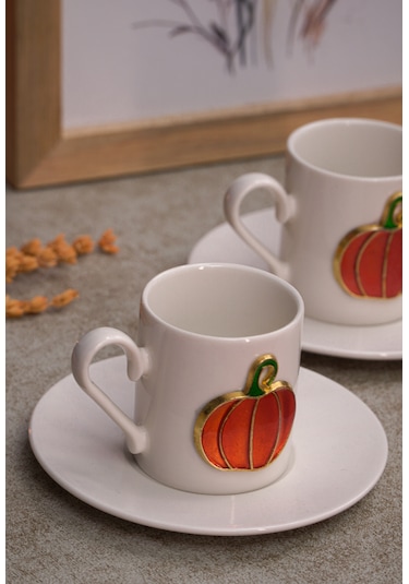 Heda Porselen Balkabağı Kabartmalı 4 Parça 2 Kişilik Kahve Fincan