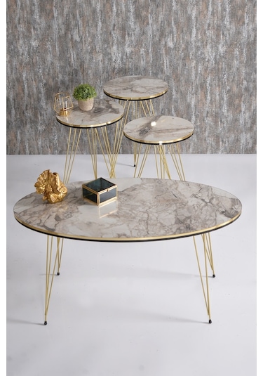 Zigon Sehpa Ve Orta Sehpa Elips Set Çift Gold Efes Tel Ayak