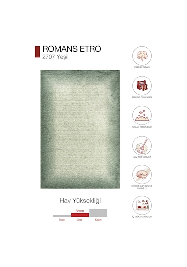 Romans Etro 2707 Yeşil - Spor Saçaklı Polyester Çerçeveli Vintage Halı