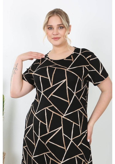Kadın Siyah Bej Geometrik Desen Midi Elbise Siyah Bej Bej - Siyah