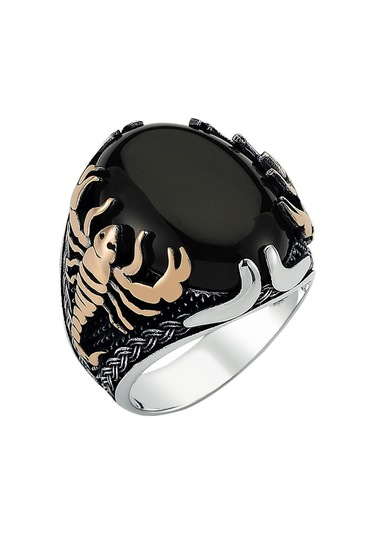 925 Ayar Gümüş Siyah Oniks Taşlı Akrep Figürlü Oval Erkek Yüzük