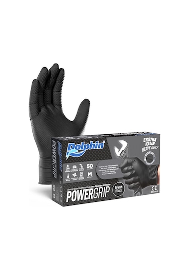 Dolphin Powergrip Ekstra Kalın Siyah Nitril Eldiven M 50li