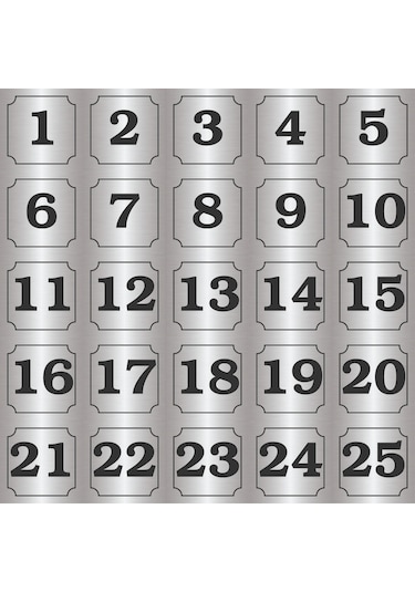 1-25 Kapı, Masa, Dolap Numarası Gümüş Metal Etiket 7x7 Cm