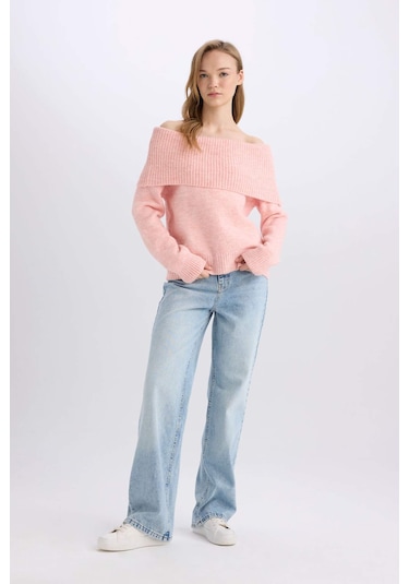 DeFacto Regular Fit Açık Omuz Triko Kazak E4549AX24WNPN589 Pembe