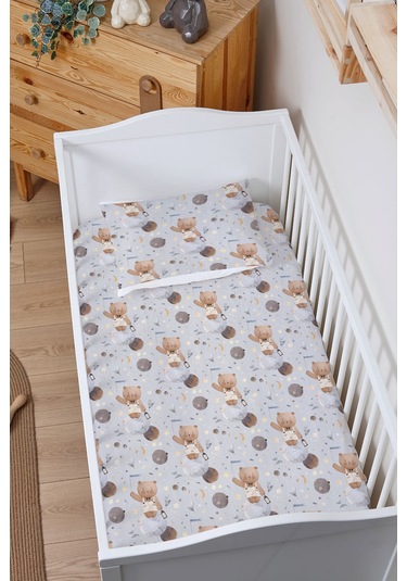 Organik Bebek Boy Lastikli Çarşaf Seti 80x140 - Uzayda Ayı