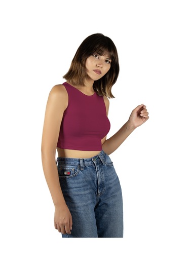 Fuşya Fitted/vücuda Oturan Crop Halter Yaka Fitilli Esnek Örme Bluz Atlet FUŞYA