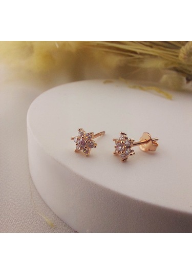 925 Ayar Gümüş Beyaz Taşlı Minimal Lotus Küpe Rose