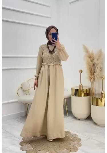 Kadın Melenj Keten Elbise Krem