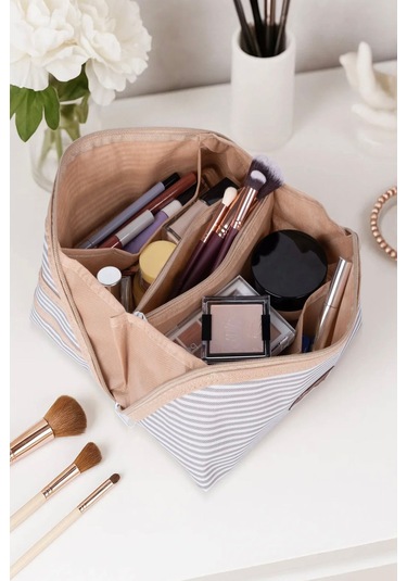 Lüx Çok Amaçlı Tutma Kollu Makyaj Çantası Geniş Bölmeli Seyahat Tipi Kozmetik Organizeri Beyaz