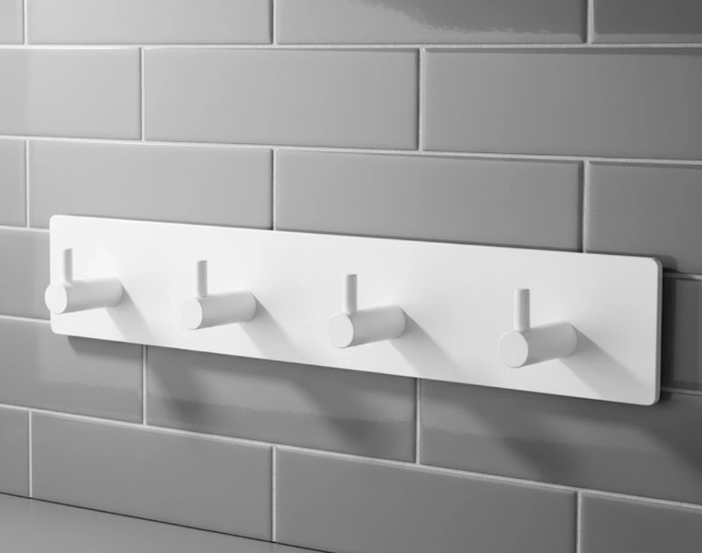 Askılık Yapışkanlı Dikdörtgen Çubuklu 4 Kancalı Beyaz Beyaz