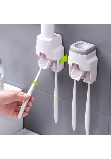 Teltree Otomatik Diş Macunu Dispanseri - 2'li Diş Fırçası Askılı, Vakum Teknolojili, Duvar Hijyenik Beyaz