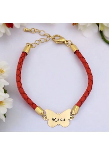 Rosa İsmine Özel 14 Ayar Altın Plakalı Turuncu Derili Kelebek Motifli Hediye Bileklik-502isim Rosa