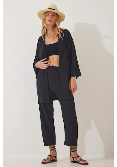 Trend Alisse Boru Paça Kimono Kadın Alt Üst Takım Siyah