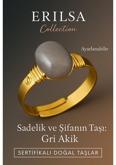 Sertifikalı Doğal Gri Akik Taşı Yüzük Kalın Tımbıl Kasa Gold Renk Ayarlanabilir Gri