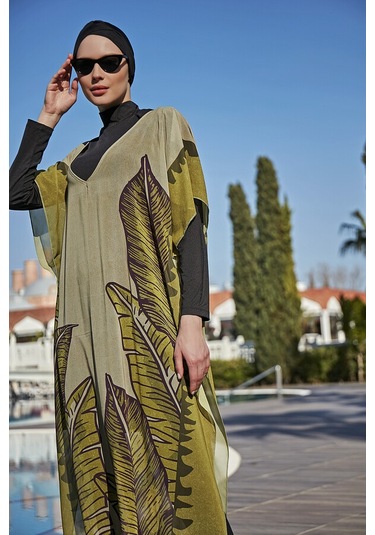 Remsa Mayo Remsa Tesettür Mayo Üzerine Tasarım Tek Kaftan Pareo Rdp001 Dev Yapraklar Yeşil