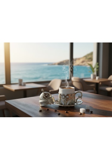 Defne 6 Kişilik 24 Parça Porselenli Gümüş Renk Kahve Fincan Seti Gümüş