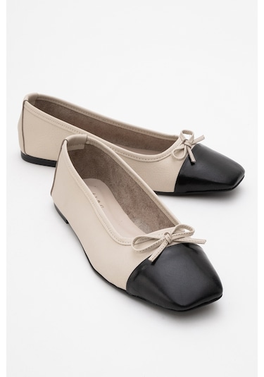 Romy Ekru-siyah Cilt Hakiki Deri Küt Burunlu Fiyonklu Kadın Babet Ayakkabı Siyah - Ekru