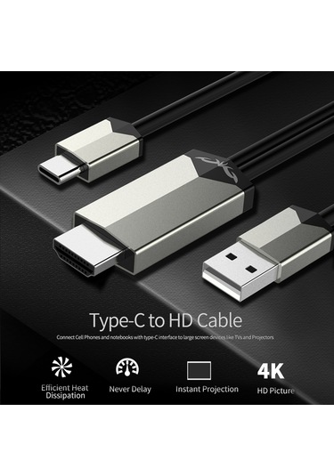 Xiyyadms Mirascreen Tc02 Type-c'den Hd'ye 4k 30hz Ekran Yansıtıcı Kablosu, Usb Beslemeli, Plug And Play, Gümüş-siyah