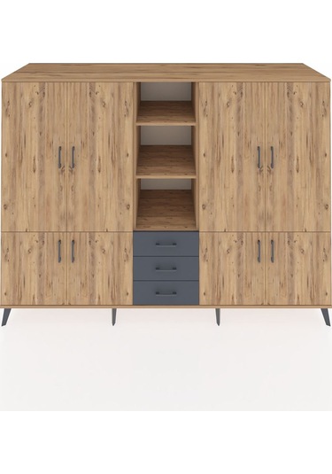 Kronos Dolap 11 Raflı 3 Çekmeceli 8 Kapaklı 220x59x163 Çam-çam/an Çam-çam/antrasit