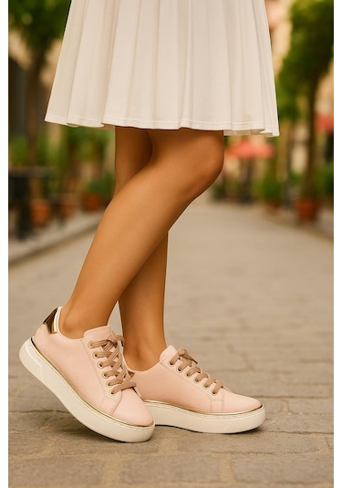 Kadın İnce Şerit Detaylı Kalın Taban Spor Ayakkabı Ten