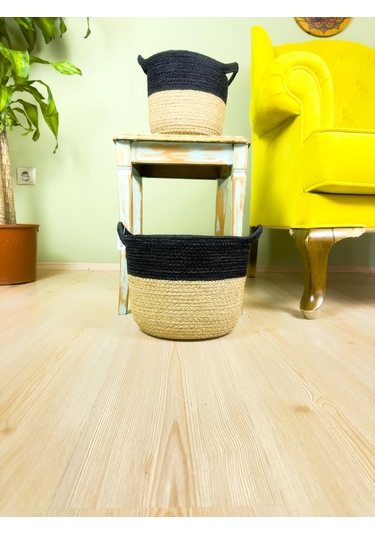 Bitki Tasarımı Düzenleyici Kulplu Üstü Siyah Şeritli Doğal Örgü Sepet İkili Set Orta-küçük