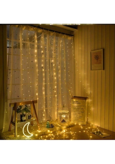 Perde Led- 3x3 Metre - 8 Fonksiyonlu - Usb + Adaptör - Kancalı Sarı