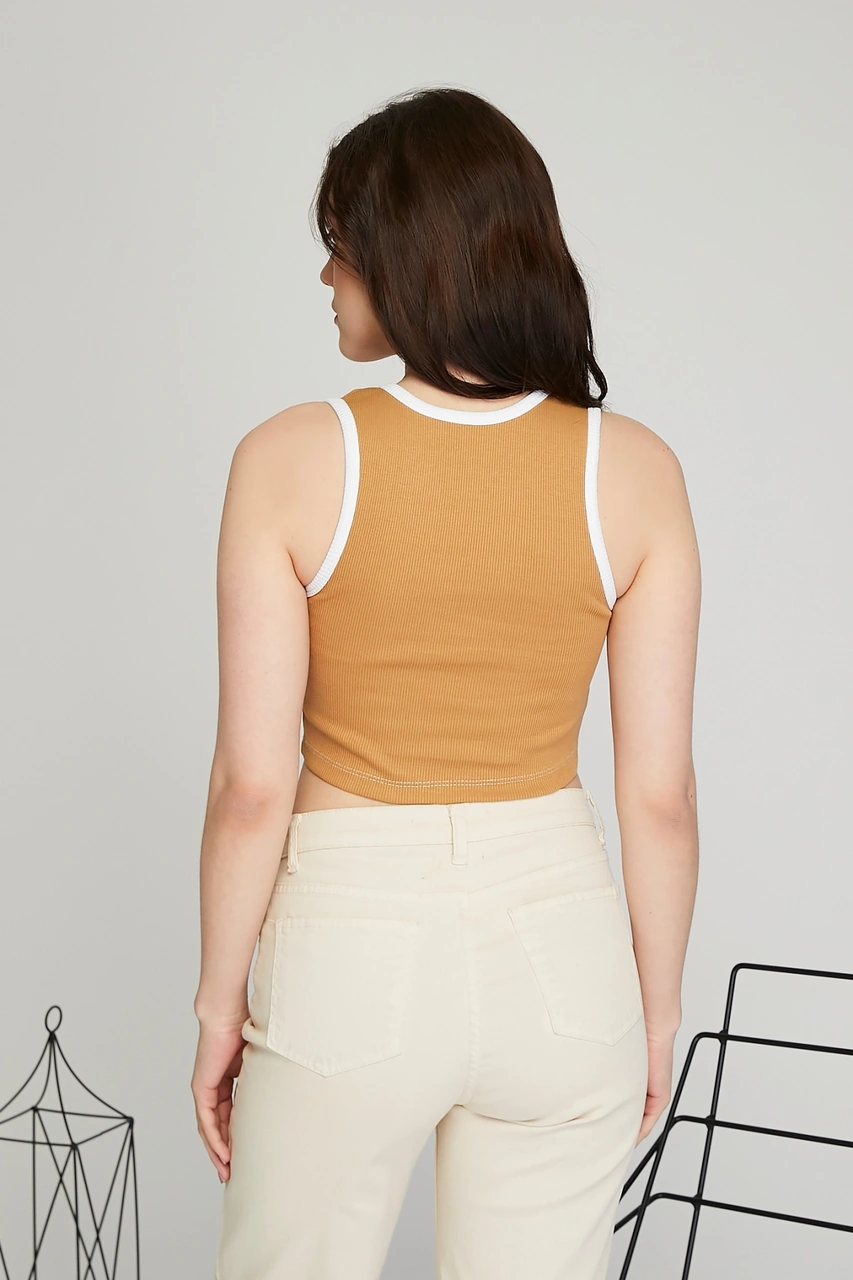 Kadın Deri Crop Ribana Kaşkorse Likralı Deri Garnili Baskılı Crop Büstiyer Deri Üzeri Baskılı Crop Camel