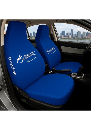 Atatürk İmzalı Mavi Servis Kılıfı Penye Oto Koltuk Kılıfı Yıkanabilir, Ön Arka Koltuk Kılıfı Seti