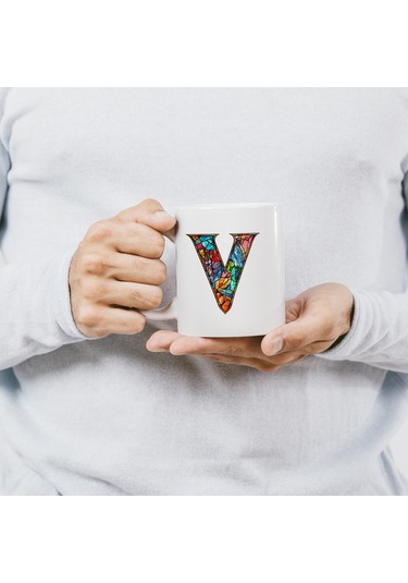 V Harfi Bardak 330 Ml İsme/harfe Özel Hediye, Renkli Harf Tasarım Beyaz