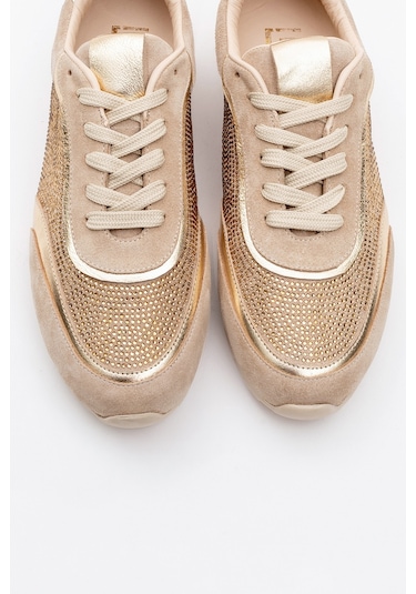 Bonia Bej Süet Altın Taşlı Hakiki Deri Kadın Spor Ayakkabı Bej-süet Bej