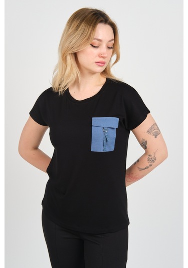 Sistas Kadın Düşük Kol Tek Cep Detaylı Bisiklet Yaka Bluz 24107 Siyah Siyah