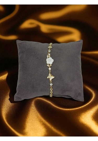 925 Ayar Gümüş Zarif Çiçek Ve Kelebek Figürlü Taşlı Kadın Bileklik Gümüş