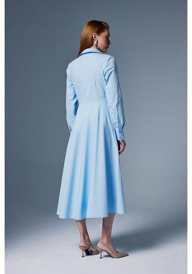 Sateen Uzun Düğme Detaylı Elbise - Mavi-137084 Mavi