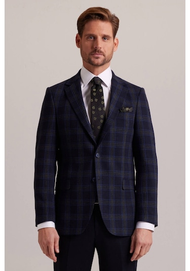 Erkek Lacivert Yeşil Kışlık Yünlü Regular Fit Ekose Desenli Ceket 001