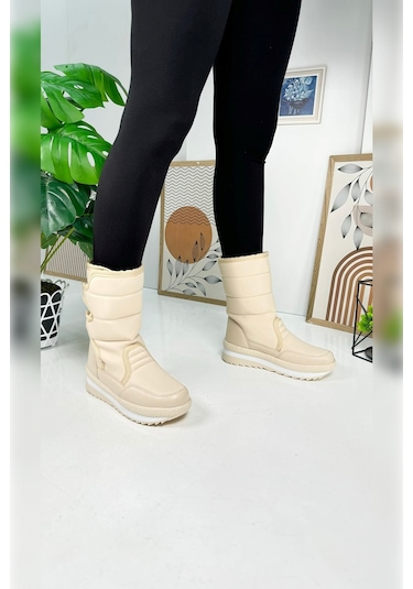 Nstil Alves Unisex Kadın - Erkek - Çocuk Kar Botu İçi Kürklü Cırt Cırtlı Kaymaz Taban Ayakkabı 802 Bej