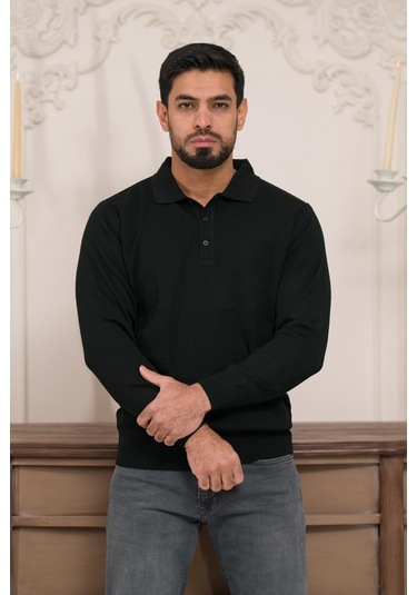 Woolen World Polo Yaka Düz Renk Yünlü Erkek Triko Kazak Siyah