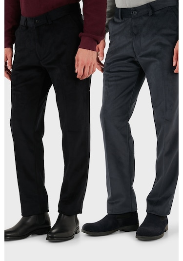 Buratti Normal Bel Regular Fit Düz Paça 2'Li Paket Erkek Kadife Pantolon 645Merlins2 Antrasit-Siyah
