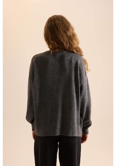 DeFacto Oversize Geniş Kalıp Düğmeli Yaka Triko Kazak D4913AXNSAR15 Antrasit