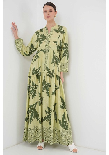 Gabria Ön Düğmeli Desenli Viskon Elbise Fıstık Yeşili