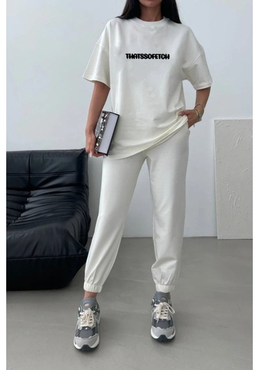 Thatssofetch T-shirt Eşofman Altı Jogger - Beyaz Baskı Alt Üst Eşofman Takımı Oversize Bisiklet Yak Beyaz
