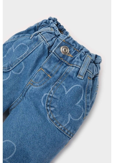 DeFacto Kız Bebek Paperbag Çiçekli Jean Pantolon E7830A525SPBE394 Mavi