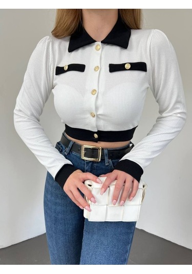 Düğmeli Cep Detaylı Crop Hırka -beyaz Karışık