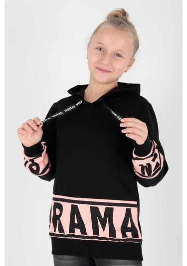 Ahengim Kız Çocuk Drama Baskılı Kapüşonlu Sweatshirt Ak13433 Siyah