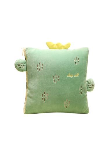 Geeksen Yeşil Kaktüs Desenli İki Kullanımlı Yorgan Yastık - 100x150cm Koltuk/ofis Yorganı, 35x35cm Yastığa Dönüştürülebilir,聚酯 Malzeme, Sıcak Ve Konforlu Yeşil