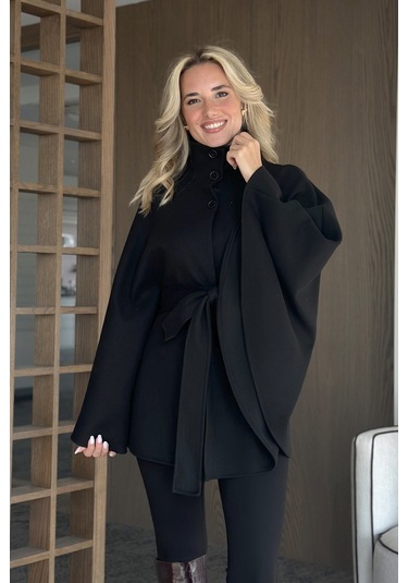 Siyah Düğmeli Kuşaklı Kaşe Panço - 2055 Siyah