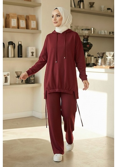 Bestenur Kapüşonlu Tunik Pantolon Takım 1682 - Bordo Bordo